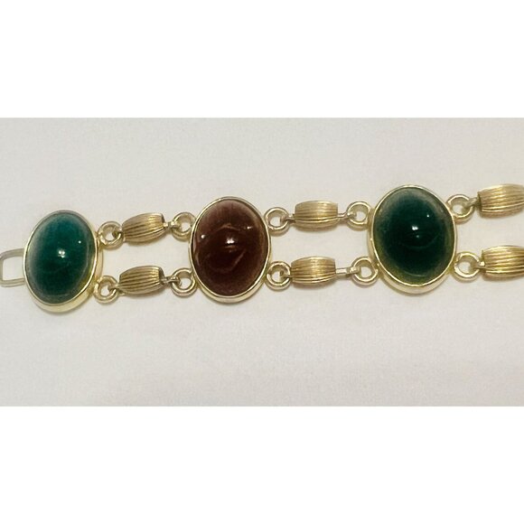 Egyptian Revival Krementz 14Kt Gold Overlay Scarab Bracelet Semi-Precious Stones - Picture 8 of 8